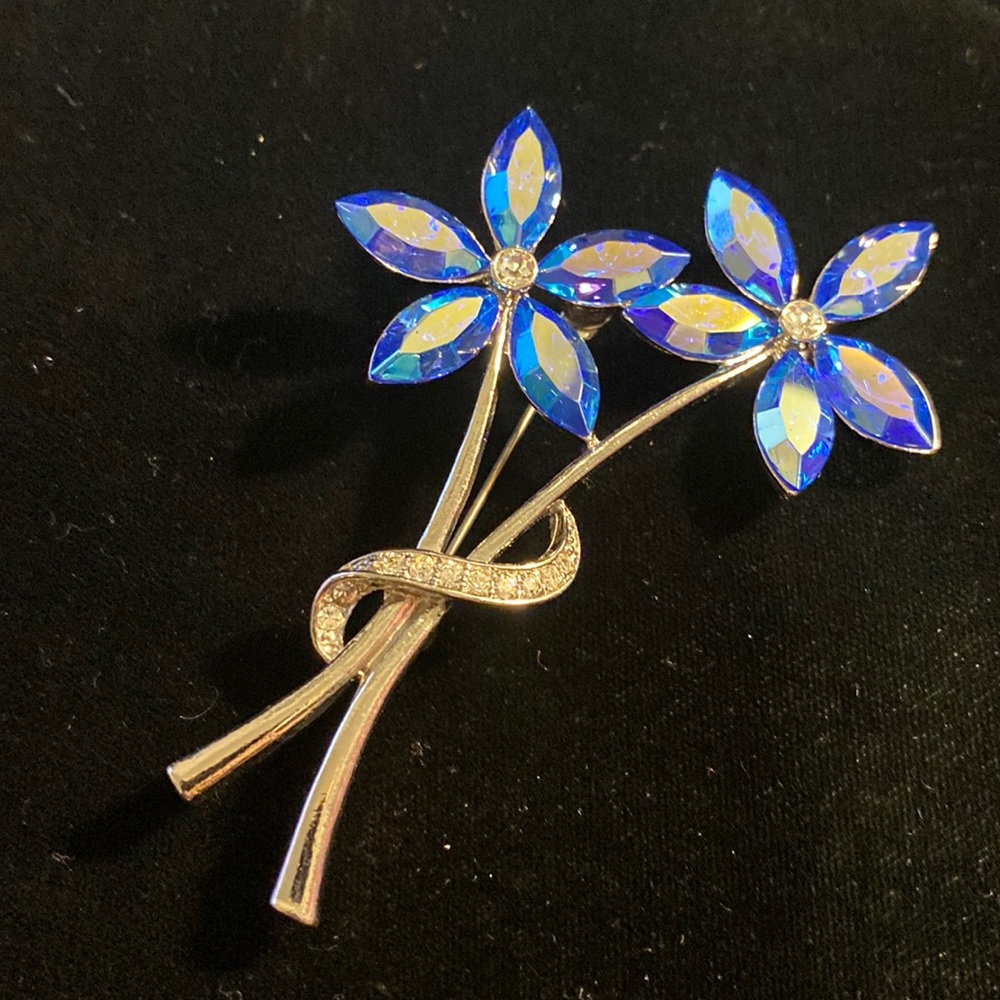 Blue AB Crystal Rhinestone Flower Brooch